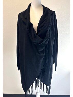 Chelsea & Theodore Woman's Fringe Black Sweater Wrap Cardigan Blue Size Small